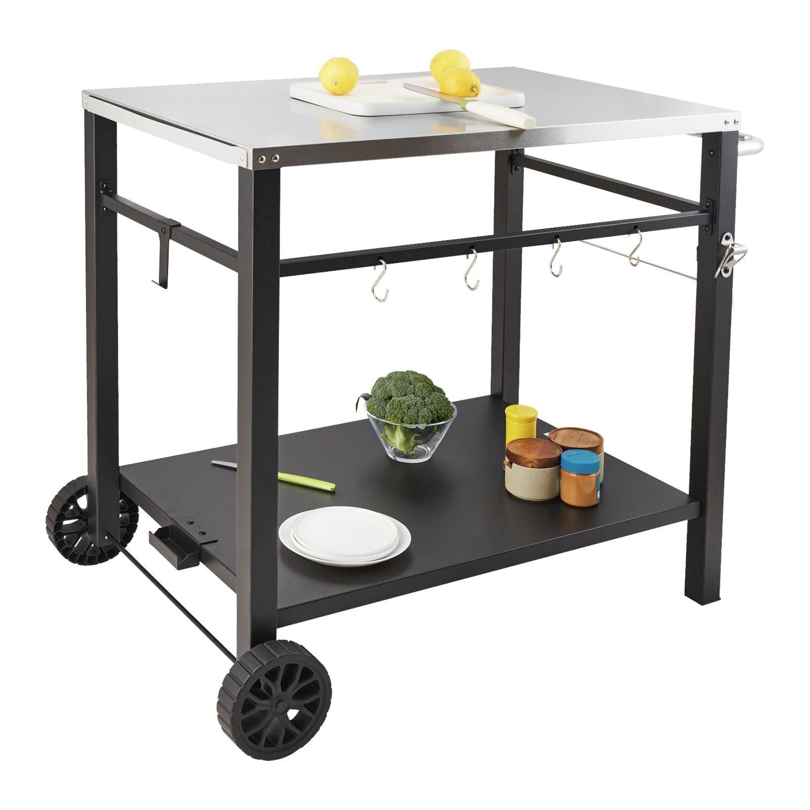 Vevor Outdoor Grill Dining Cart With Double-Shelf, Bbq Movable Food Prep Table, Multifunctional Stainless Steel Table Top, Porta